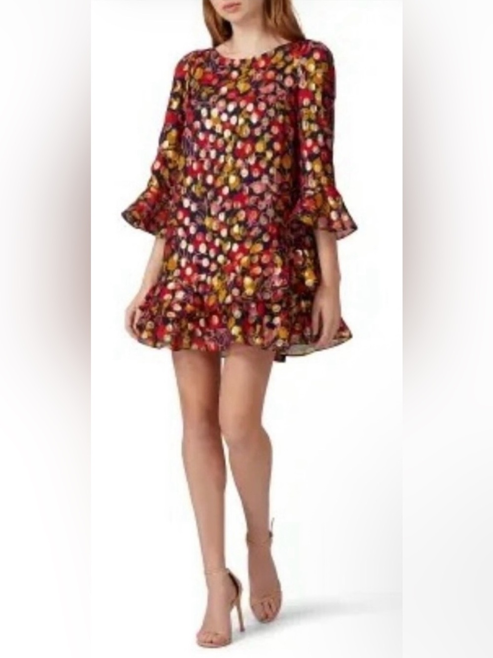 NWOT Saloni Metallic Floral Silk Blend Ruffle Mini Dress | Size US 0